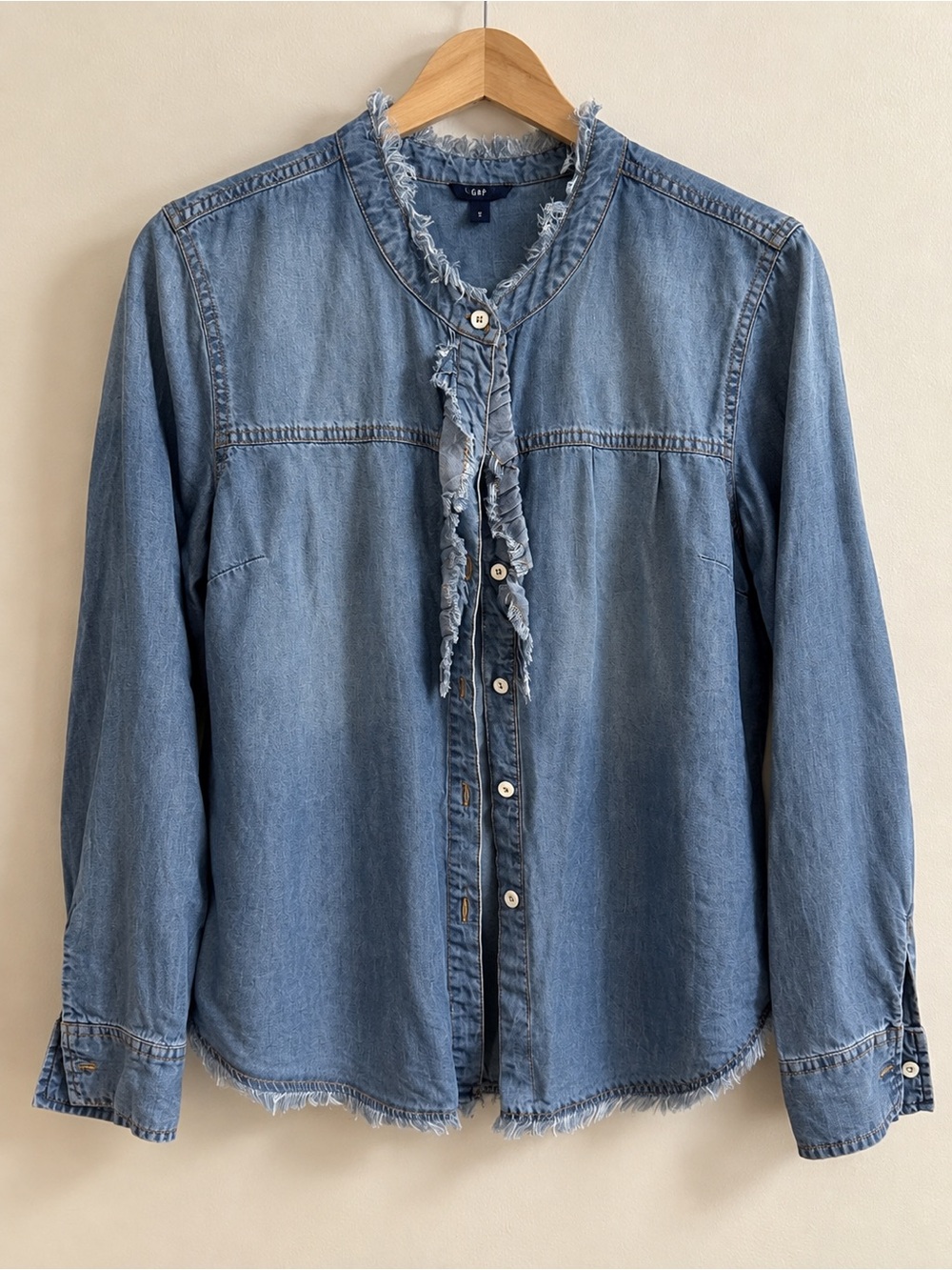 Splendid Denim Button-Down Shirt with Frayed Trim